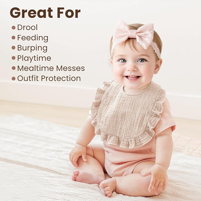 Konssy Muslin Baby Bibs for Girls – Soft 100% Cotton Drool Bibs, Ruffle Trim - Image 3