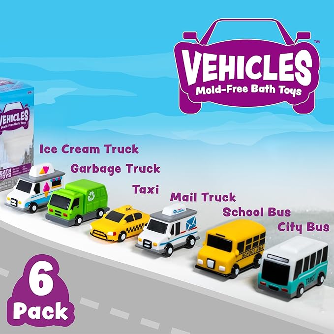 Tub Works® Vehicles™ Bath Cars Mold Free Bath Toys, 6 Pack | Sealed, No Hole - Image 3