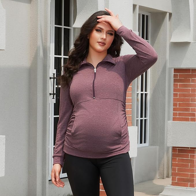 GINKANA Maternity Women's Long Sleeve Shirt Half Zipper Lapel Lightweight - Image 4