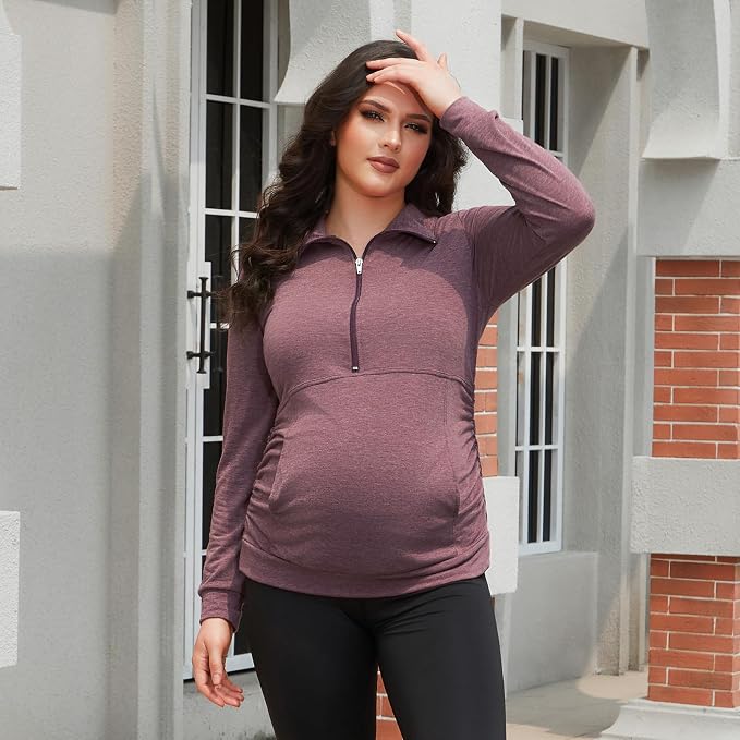 GINKANA Maternity Women's Long Sleeve Shirt Half Zipper Lapel Lightweight - Image 4