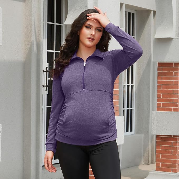 GINKANA Maternity Women's Long Sleeve Shirt Half Zipper Lapel Lightweight - Image 4