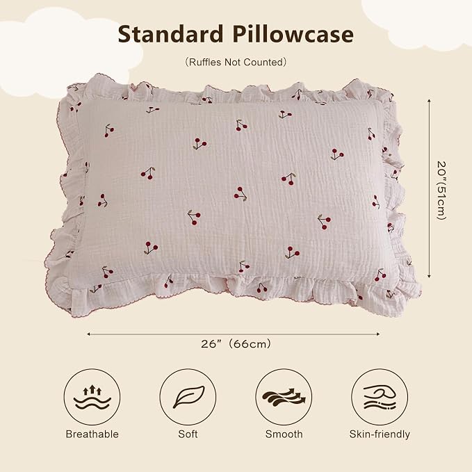 BuLuTu Cotton Muslin Ruffle Edge Kids Toddler Pillowcase Standard, Cherry - Image 2