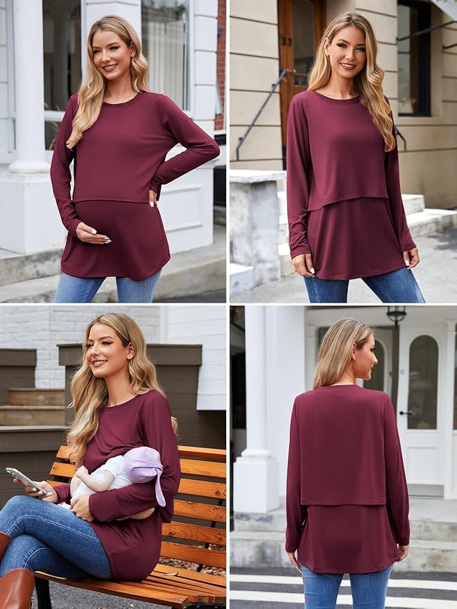 Ecavus Women's 3Pack Maternity Nursing Shirts Long Sleeve Double Layer - Image 5