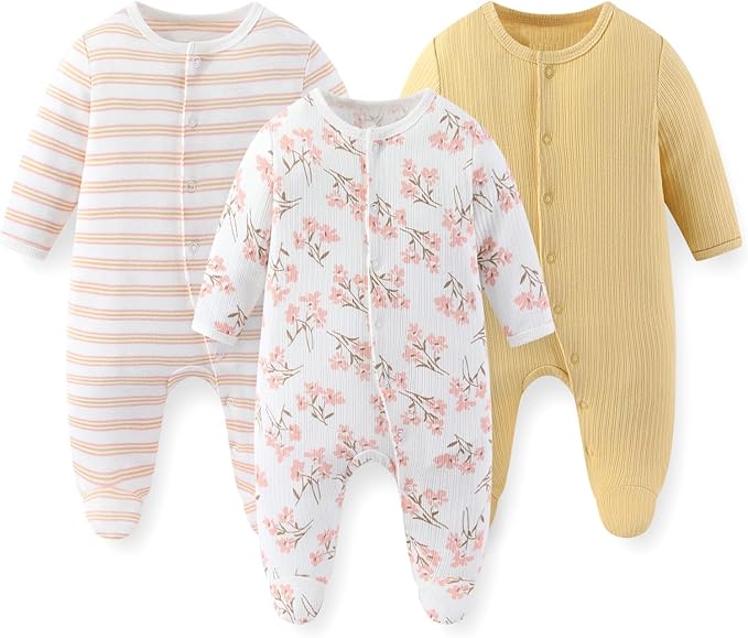 Unisex Baby Boy Girl Footies Rompers Cotton Long Sleeve 3 Pack Infant Jumpsuits by JELYLOVE