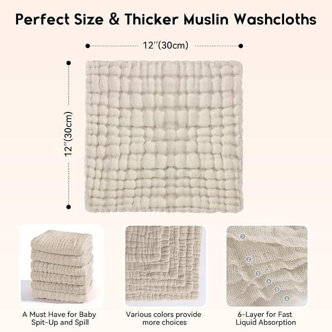 Muslin Baby Washcloths 6 Pack, 100% Cotton Wash Cloths - Image 3