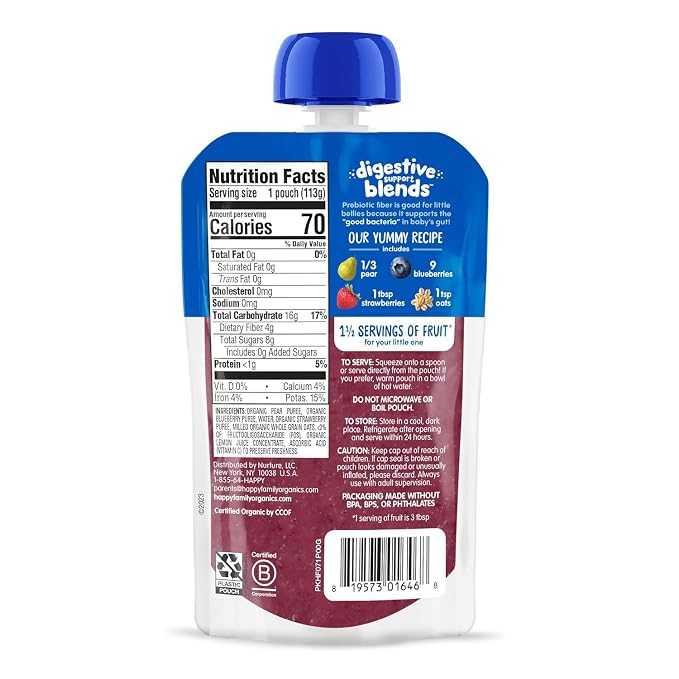 Happy Baby Digestive Support Blends Baby Food, Strawberries & Oats, 4 Oz + - Image 2