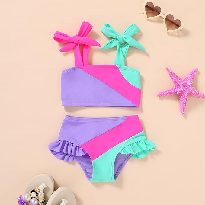 YOUNGER TREE Toddler Girls Two Pieces Swimsuit Color Block Stripe Swimwear - Image 2