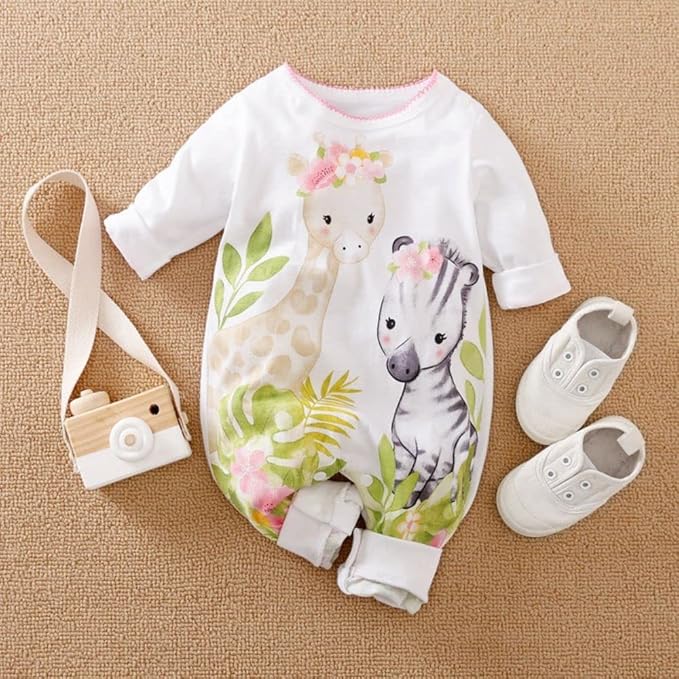 Cute Giraffe + Zebra With Floral Print Long Sleeve Baby Girl Clothes White - Image 2