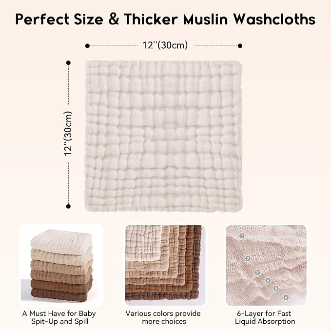 Muslin Baby Washcloths 6 Pack, 100% Cotton Wash Cloths - Image 3