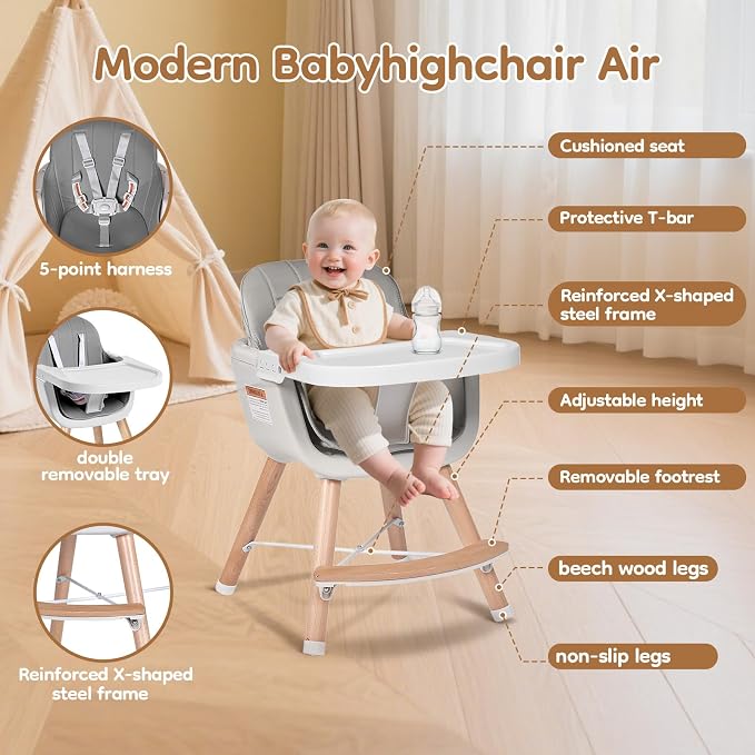 High Chairs for Babies and Toddlers, 3 in 1 Convertible Wooden highchair - Image 4