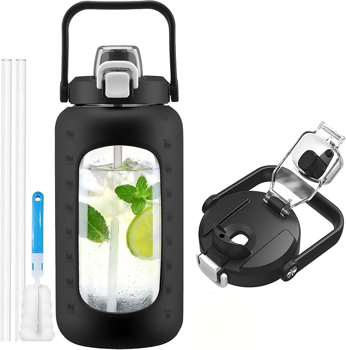 72oz Glass Water Bottle with 2-IN-1 Straw &Chug Lid, Large Motivational Glass by NOLOGLAZIC