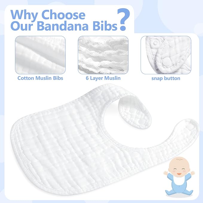 Zhanmai 20 Pack Muslin Baby Bibs Adjustable White Drool Bandana Bibs 6 - Image 3