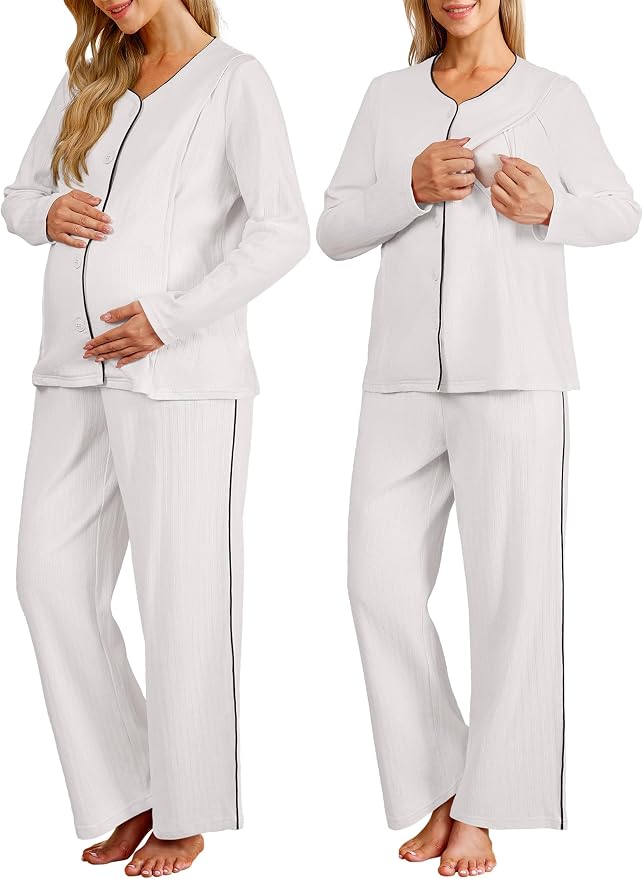 OUGES 100% Cotton Women's Maternity Nursing Pajamas Sets Button Down by OUGES