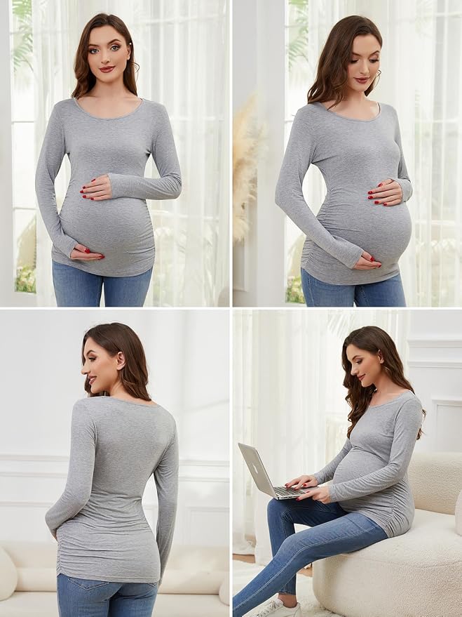 Ecavus Women's Maternity Shirts Long Sleeve Soft Stretchy Pregnancy Tops Side - Image 6