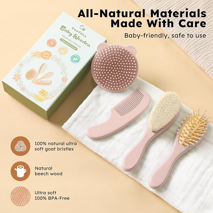 Yoofoss 4 Piece Baby Hair Brush and Comb Set，Wooden Baby Hair Brush - Image 4