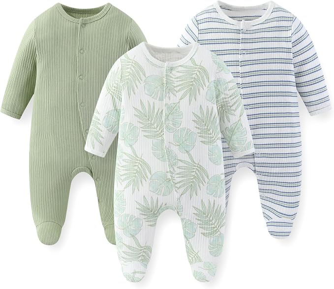 Unisex Baby Boy Girl Footies Rompers Cotton Long Sleeve 3 Pack Infant Jumpsuits by JELYLOVE