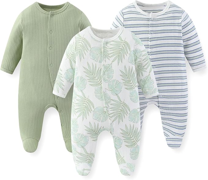 Unisex Baby Boy Girl Footies Rompers Cotton Long Sleeve 3 Pack Infant Jumpsuits by JELYLOVE
