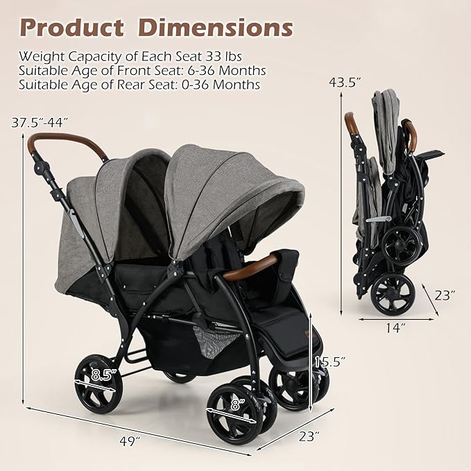 INFANS Double Stroller, Foldable Baby Tandem Stroller - Image 9