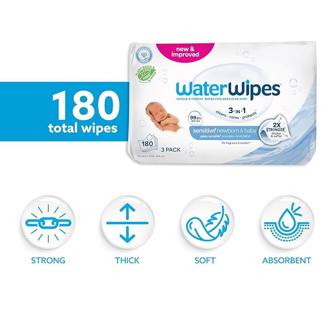 WaterWipes Sensitive+ Newborn & Baby Wipes, 3-In-1 Cleans, 99.9% Water - Image 2
