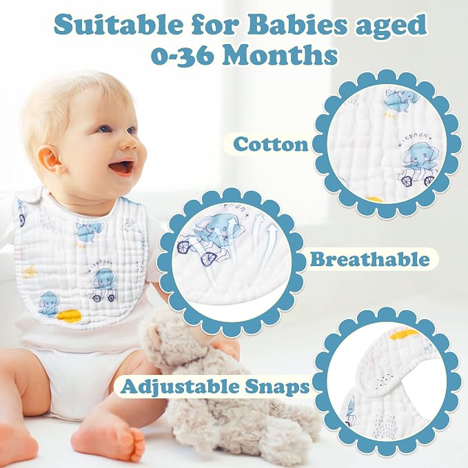 Zainpe 6Pcs Snap Muslin Cotton Baby Bibs Elephant Whale Rabbit Pattern Feeding - Image 3