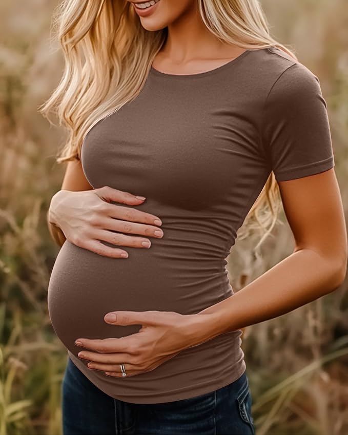 Huukeay 4 Pack Women's Maternity Shirts, Crew Neck Maternity Top Short Sleeve - Image 4