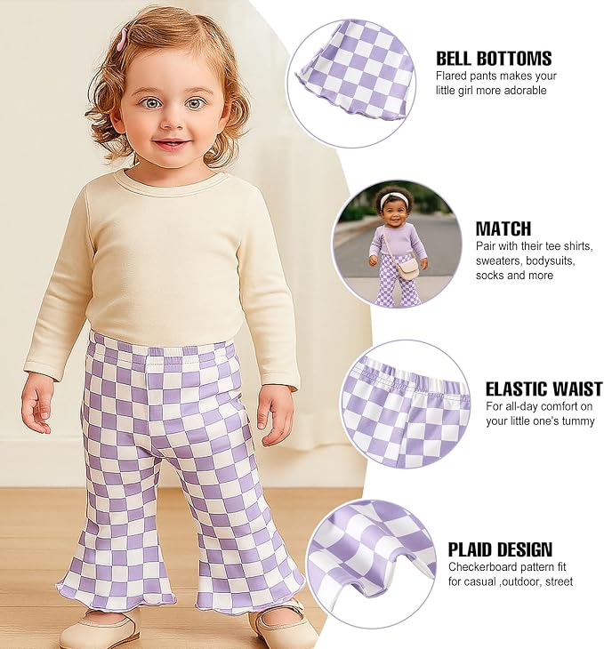 SOBOWO Checkered Baby Girl Flare Pants 3 Pack Toddler Bell Bottoms Plaid Ruffle - Image 2