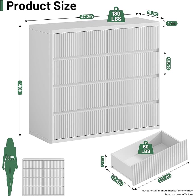 White 8 Drawer Dresser, Modern Fluted Dressers & Chest of Drawers - Image 2