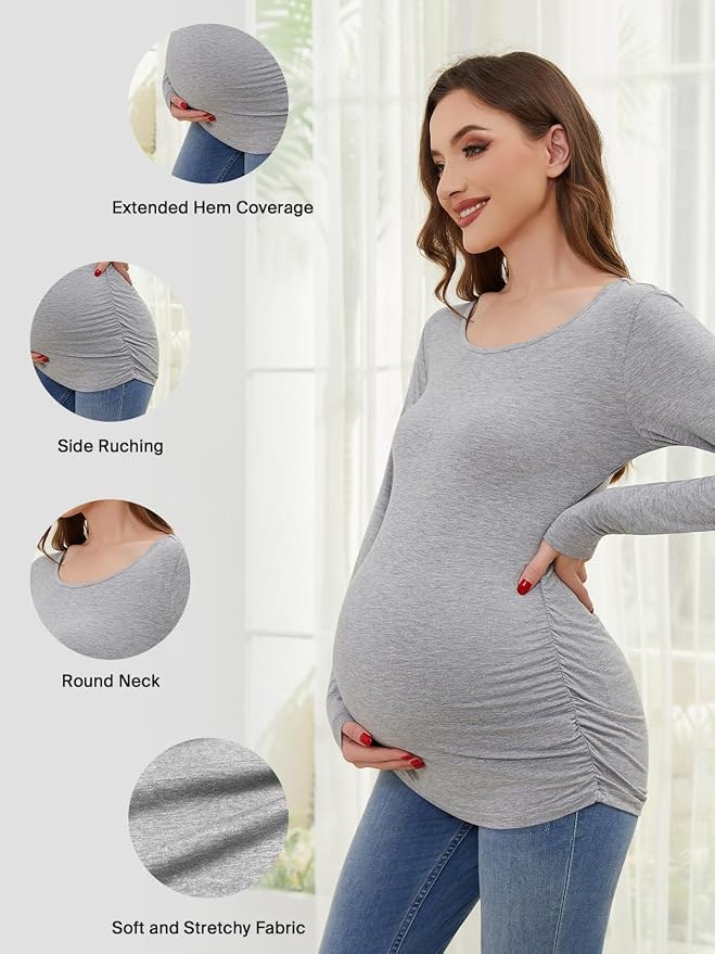 Ecavus Women's Maternity Shirts Long Sleeve Soft Stretchy Pregnancy Tops Side - Image 2