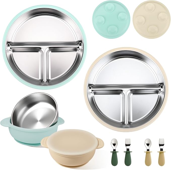 Mity rain Stainless Steel & Silicone Toddler Plates and Bowls Set by Mityrain