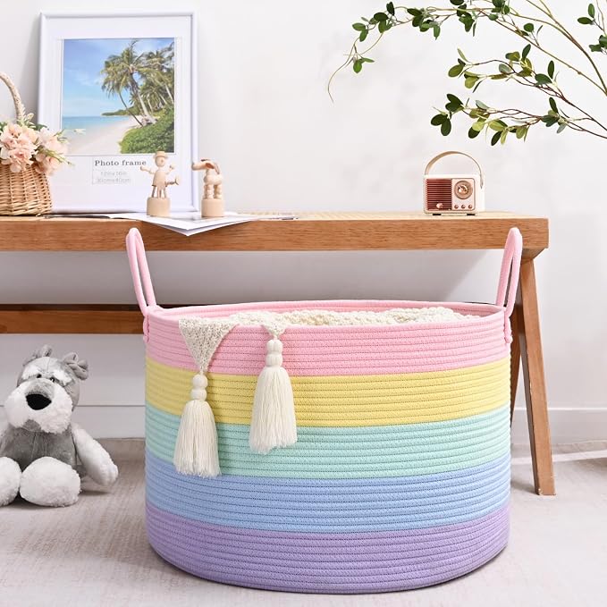 67L Rainbow Storage Basket for Organizing, Cotton Rope Woven Blanket Basket - Image 3