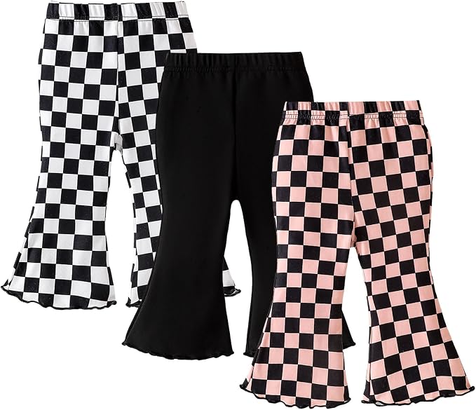 SOBOWO Checkered Baby Girl Flare Pants 3 Pack Toddler Bell Bottoms Plaid Ruffle by SOBOWO