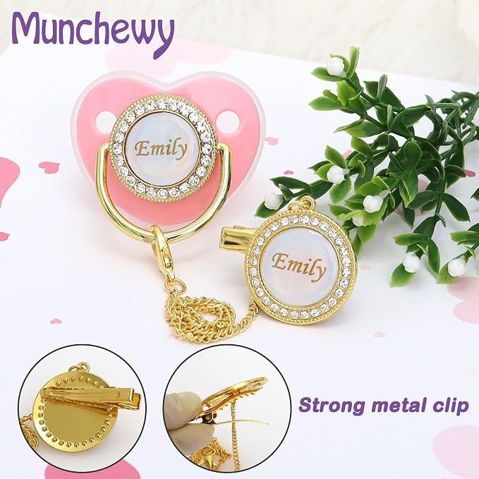 Personalized Pacifier with Name, Bling Gold Pacifier Clip Set with Gift Box - Image 3