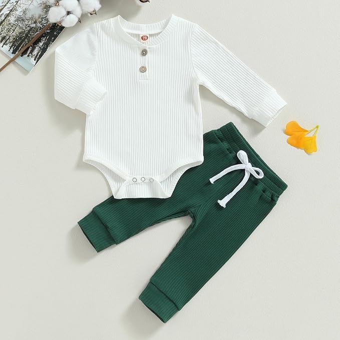 Newborn Baby Boy Girl Clothes Ribbed Knitted Long Sleeve Romper Pants Solid - Image 2