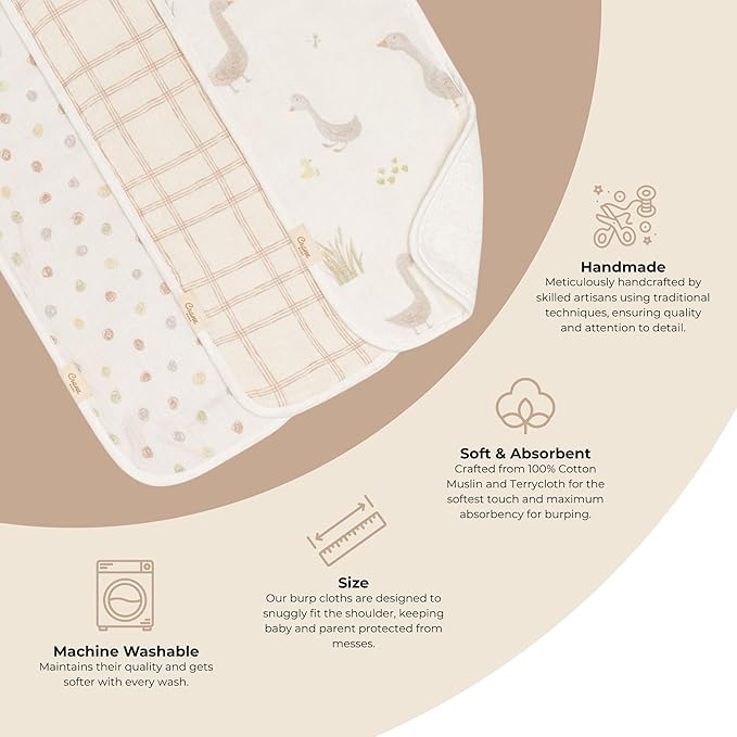 Crane Baby Burp Cloth Set, 3-pc. Charlie Farmhouse Goose Collection, Soft 100% - Image 2