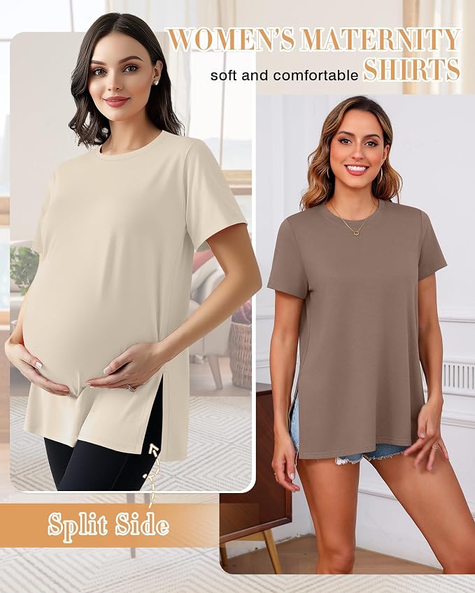 Ficerd 3 Pack Women's Maternity T Shirts, Short Sleeve Side Split Pregnancy - Image 2