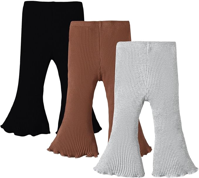 SOBOWO Baby Girl Flare Pants 3 Pack Toddler Solid Ribbed Ruffle Bell Bottoms by SOBOWO