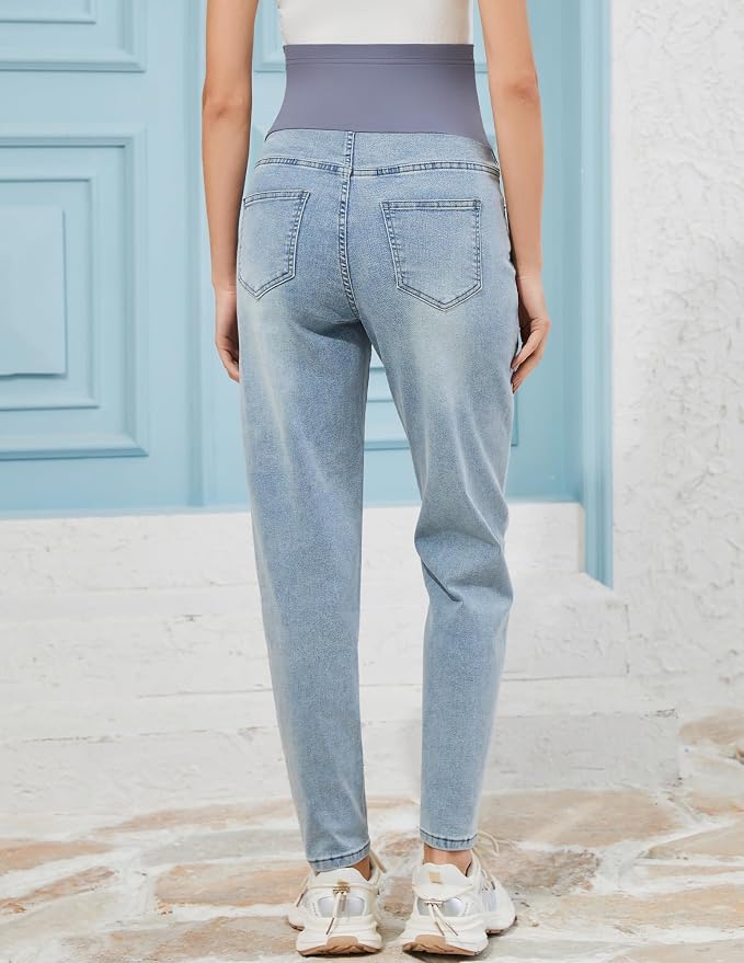 POSHGLAM Women's Maternity Jeans Over Belly Comfy Stretch 28'' Boyfriend Jeans - Image 5