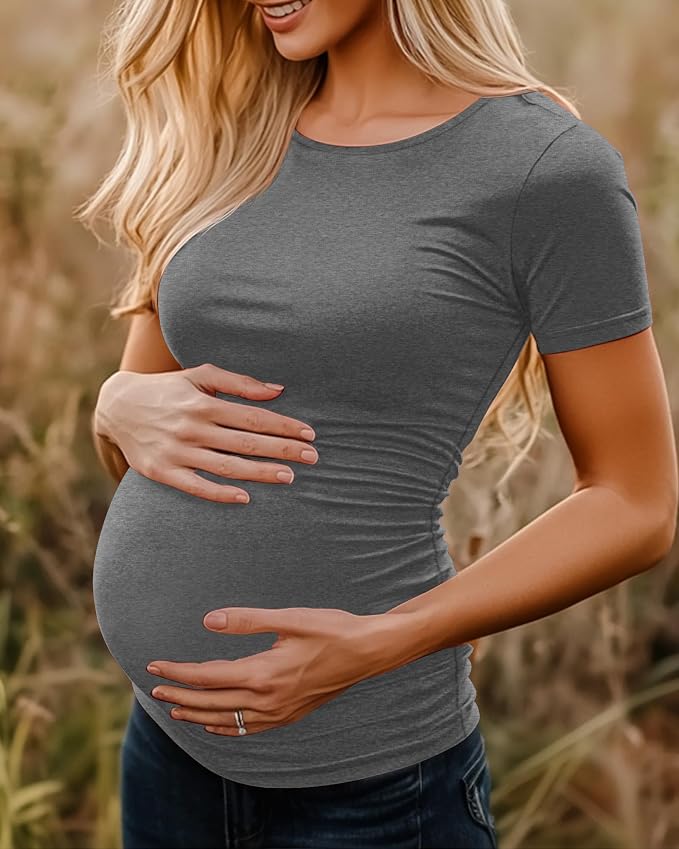 Huukeay 4 Pack Women's Maternity Shirts, Crew Neck Maternity Top Short Sleeve - Image 4