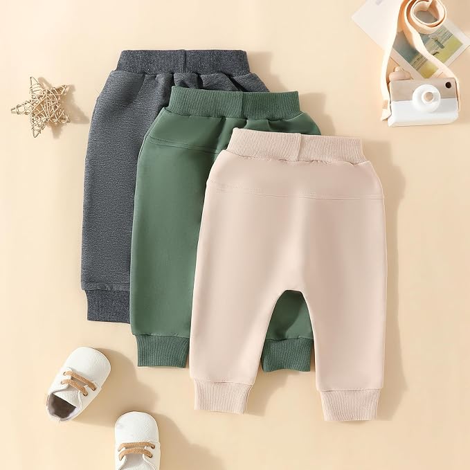 Sejardin Toddler Baby Boy Girl Pants 3 Pack Solid Color Elastic Waist Jogger - Image 3