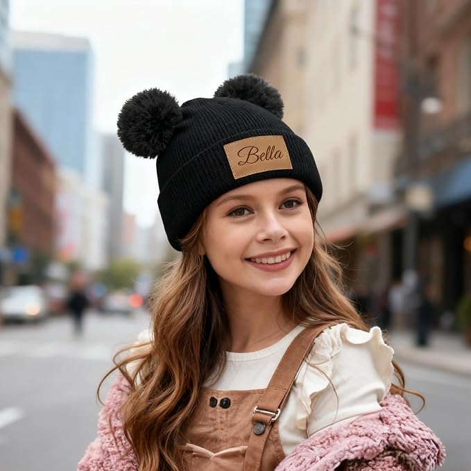 Custom Baby Beanies Personalized Toddler Winter Hats Name Leather Patch Kids - Image 5