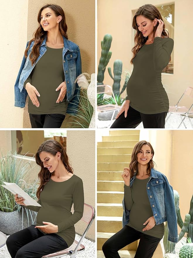 Ecavus Women's Maternity Shirts Long Sleeve Soft Stretchy Pregnancy Tops Side - Image 6