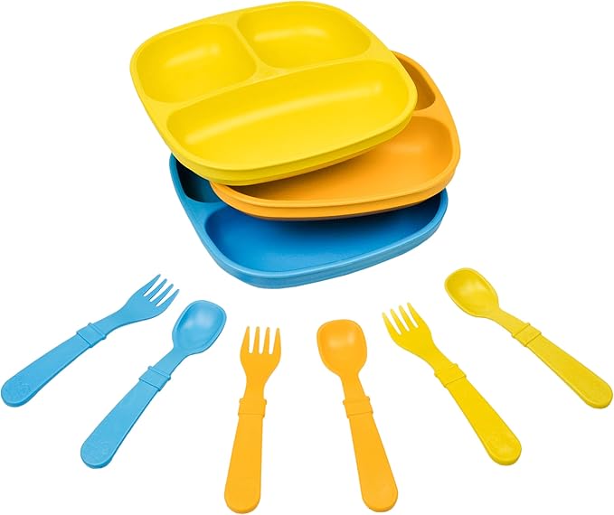 Re-Play 3x3 Divided Toddler Plates and Utensils Set by Re-Play