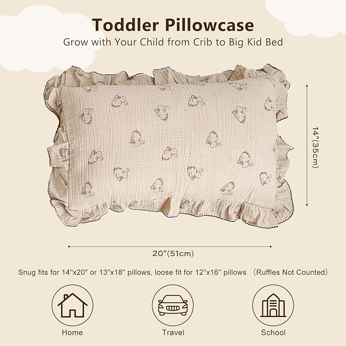 BuLuTu 2-Layer Cotton Muslin Toddler Pillowcase Rabbit Pattern, Soft Breathable - Image 2