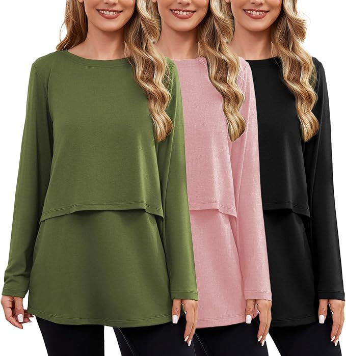 Ecavus Women's 3Pack Maternity Nursing Shirts Long Sleeve Double Layer by Ecavus