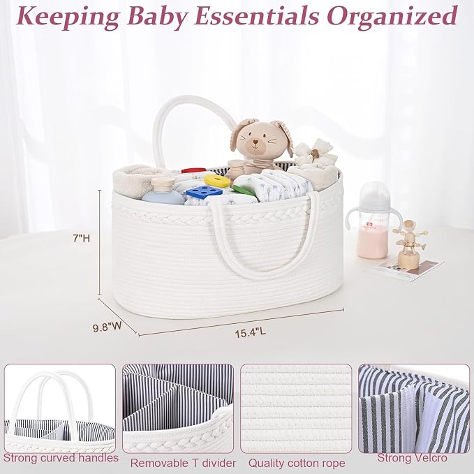 Baby Diaper Caddy Organizer, Cotton Rope Diaper Basket, Changing Table Storage - Image 5