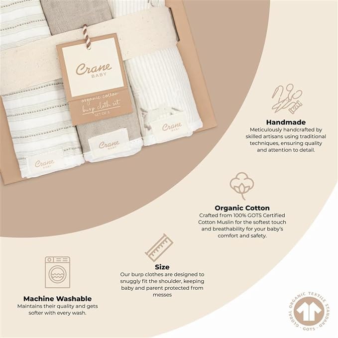 Crane Baby Organic Muslin Baby Burp Cloths, 100% GOTS Organic Cotton, - Image 2