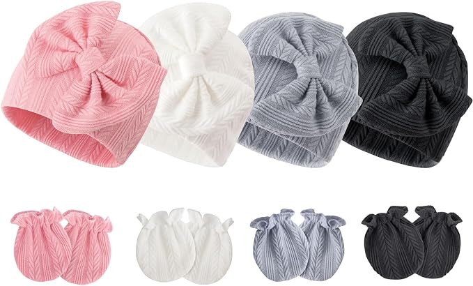 BQUBO Newborn Baby Hats Mittens Set Hospital Hat Beanie Infant Bow Hats Baby by DRESHOW
