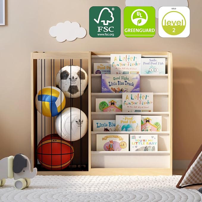 Natural Wood Kids Bookshelf & Stuffed Animal Net Holder Plush Toy Storage - Image 6