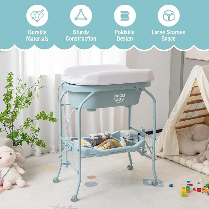 BABY JOY Baby Bathtub with Changing Table, Foldable Infant Diaper Changing - Image 9