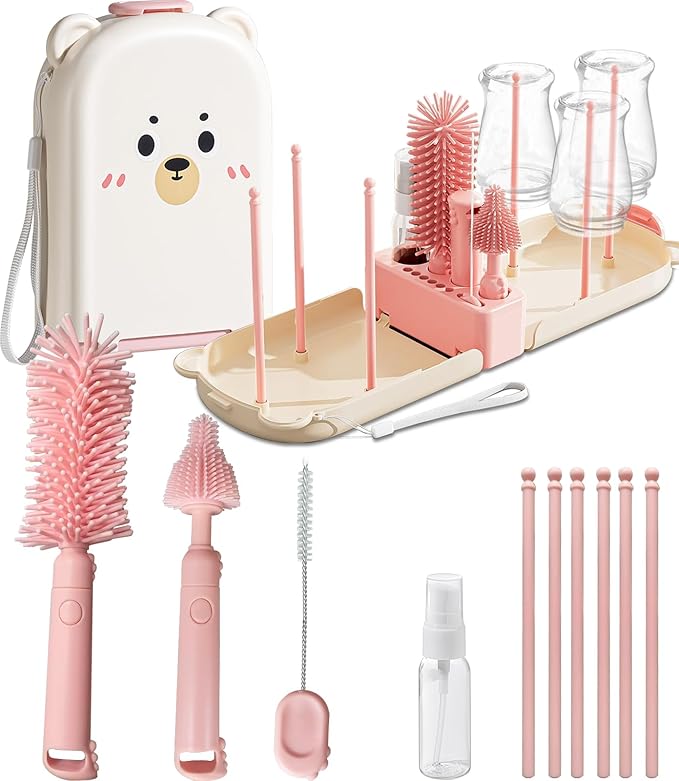 Pink Travel Baby Bottle Cleaner Kit – 6-in-1 Portable Brush Set by Detsuk